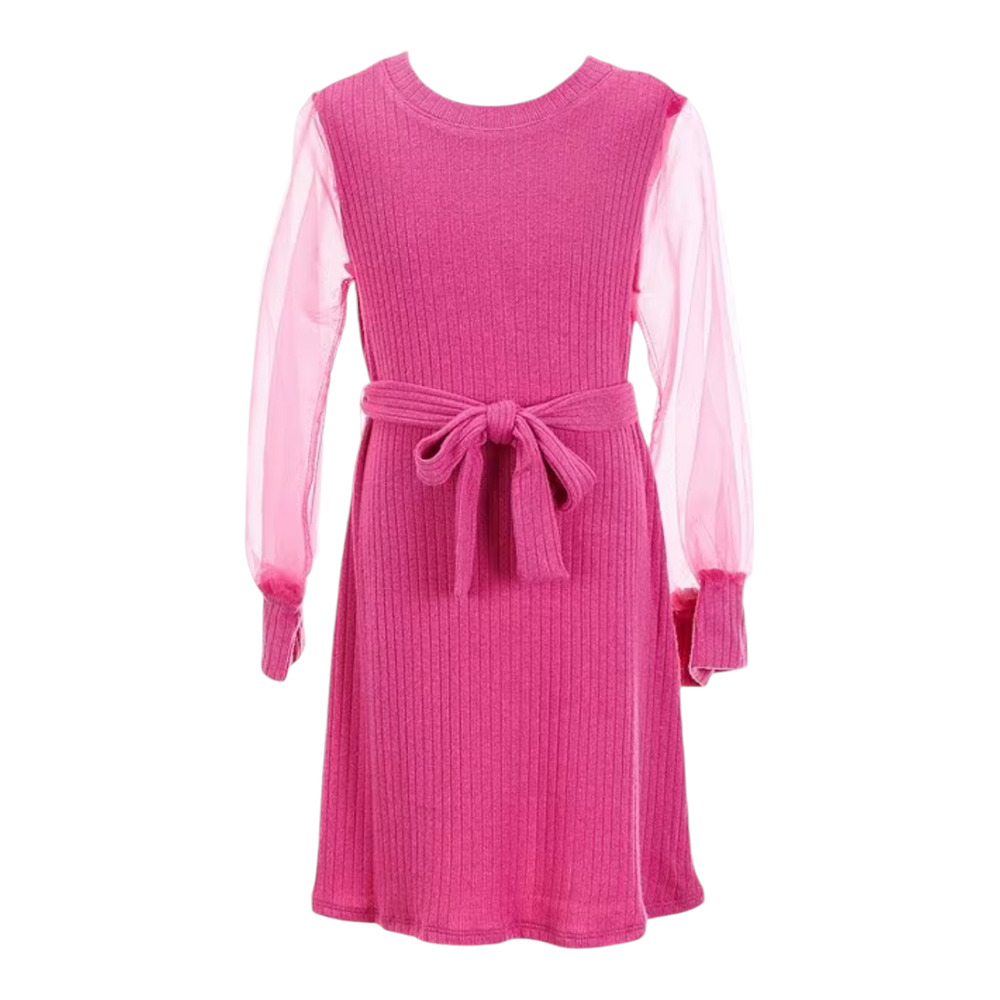 Big Girls Size 12, 14 Sheer Blouson Sleeve Sweater Knit A-Line Dress Pink *